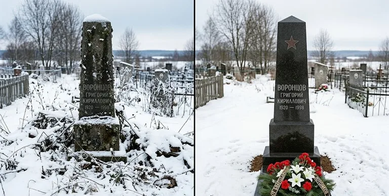 Уборка могилы до и после зимой — воинский обелиск в Новокузнецке