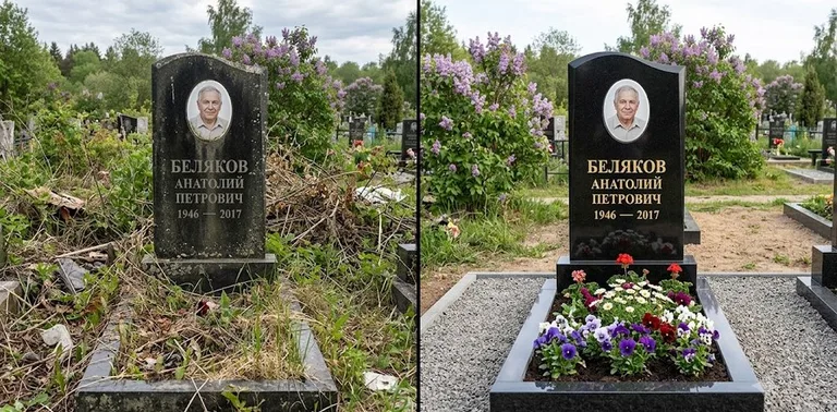 Уборка могилы до и после весной — цветущая сирень в Новокузнецке
