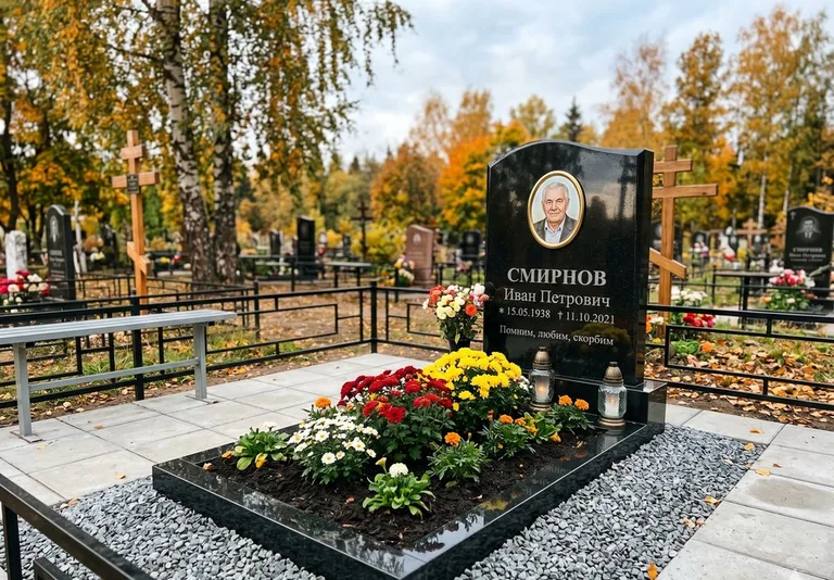 Ухоженная могила после уборки и мойки памятника в Новокузнецке