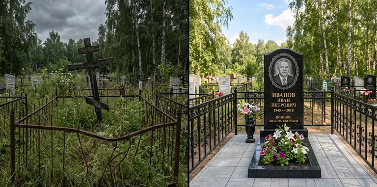 Благоустройство могилы до и после установки памятника в Новокузнецке