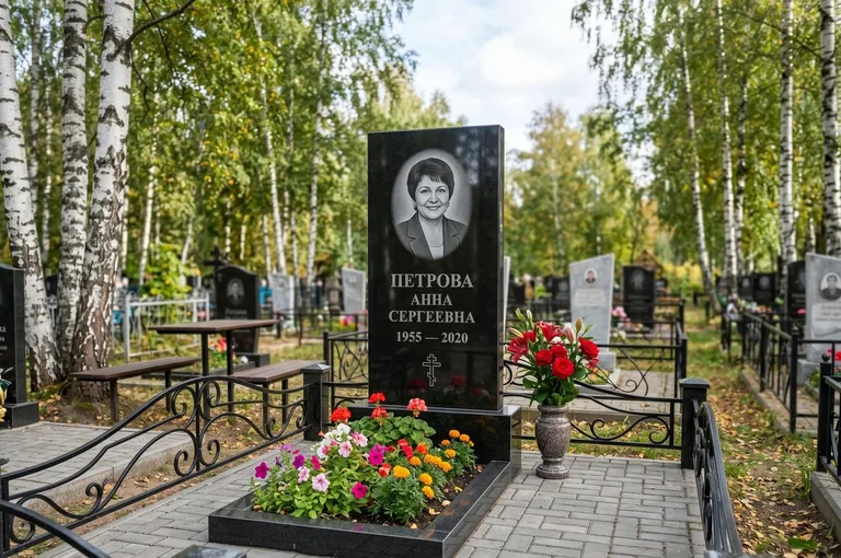 Гранитный памятник с цветником и плиткой в Новокузнецке