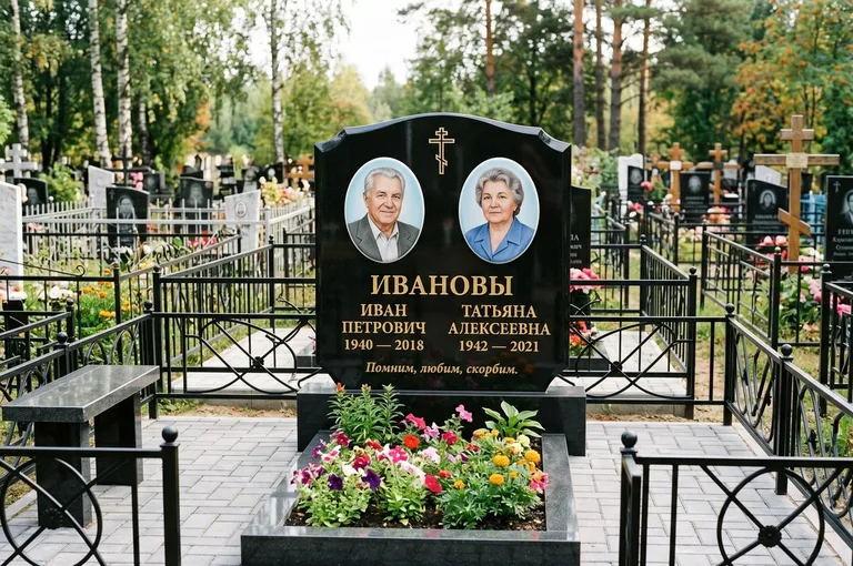 Установленный гранитный памятник с цветником и благоустройством в Новокузнецке