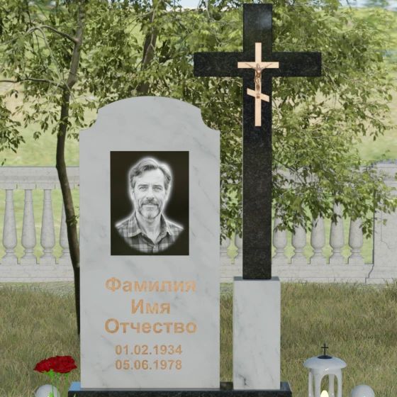 Гранитный вертикальный памятник с крестом во Владивостоке, мрамор Тассос