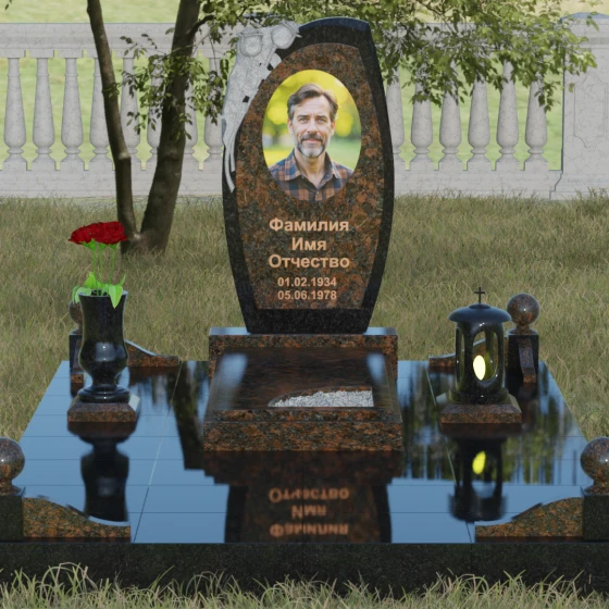 Вертикальный комбинированный памятник без креста в Мурманске, гранит Дымовский, вид 2