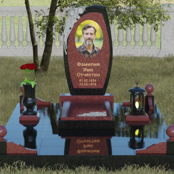 Вертикальный комбинированный памятник без креста в Мурманске, гранит Лезниковский, вид 2