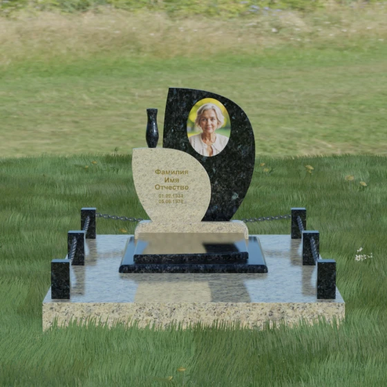 Комбинированный вертикальный светский памятник в Барнауле, гранит Блю Перл, вид 2