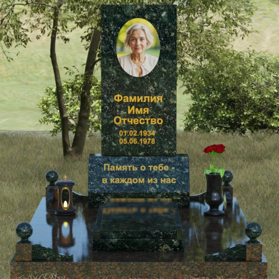 Вертикальный гранитный мемориал со строгими линиями и шарами, гранит Балтик грин, вид 2