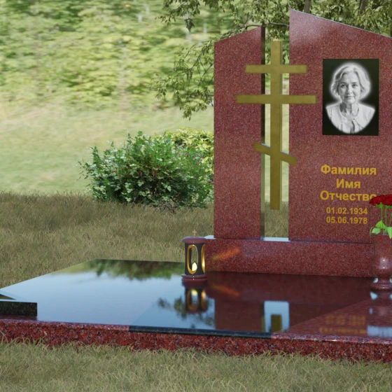 Православный комбинированный памятник с крестом, гранит Лезниковский, вид 4, в Якутске
