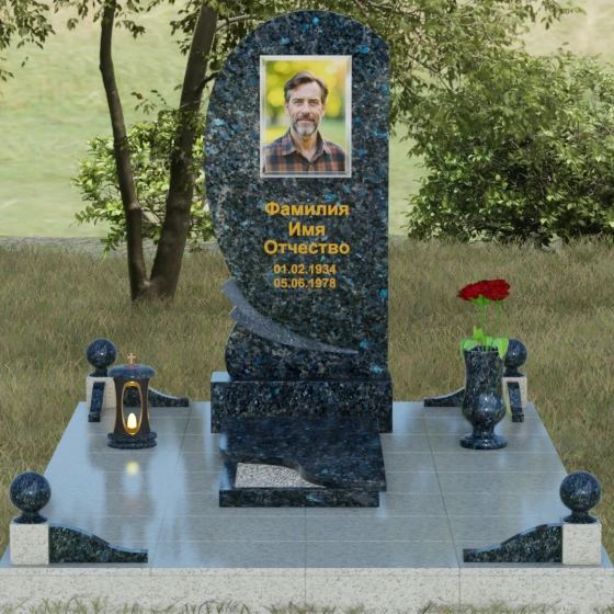 Гранитный памятник «Волна» с изгибом, гранит Блю Перл, вид 2, в Якутске