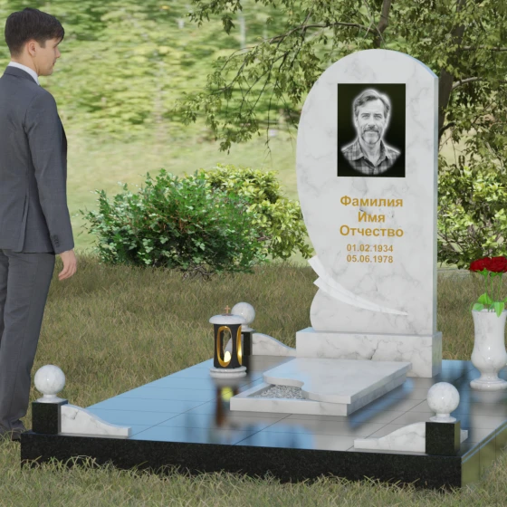 Гранитный памятник «Волна» с изгибом, мрамор Тассос, вид 4, в Якутске