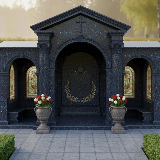 Горизонтальный памятник — храм с арками, гранит Блю Перл, в Якутске