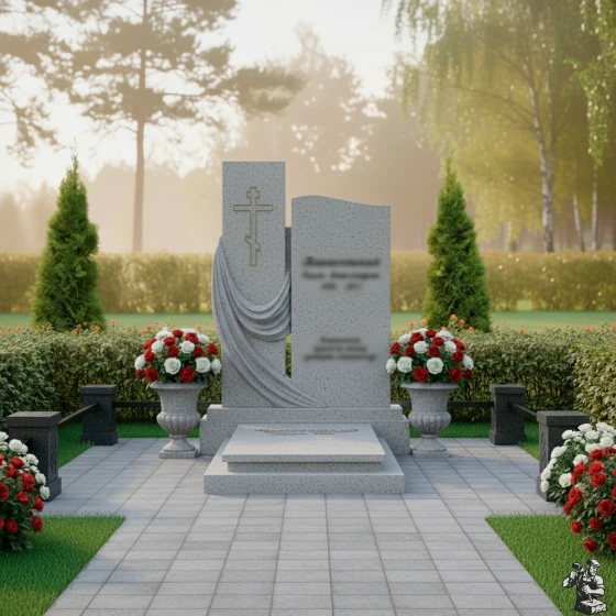 Элитный памятник с драпировкой и крестом, гранит Мансуровский, в Якутске