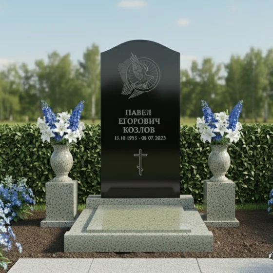 Памятник с парящим голубем и аркой, гранит Габбро-диабаз, в Якутске
