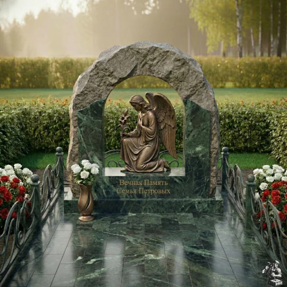 Мемориальная композиция с аркой и бронзовым ангелом, гранит Балтик грин, в Якутске