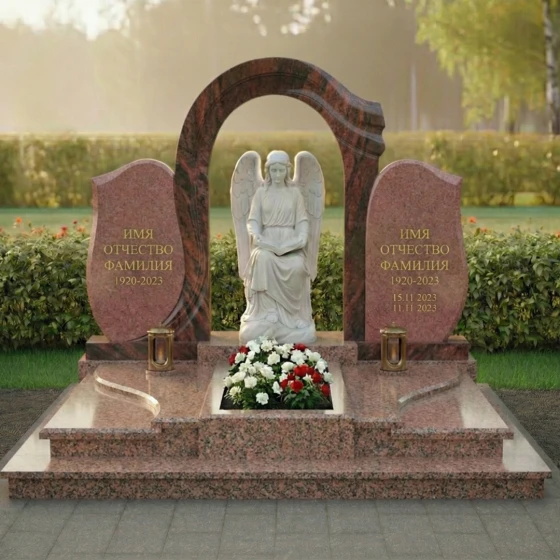 Мемориал с мраморным ангелом и аркой из гранита, гранит Лезниковский, в Якутске