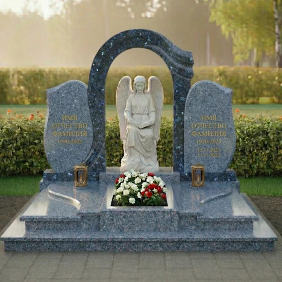 Мемориал с мраморным ангелом и аркой из гранита, гранит Блю Перл, в Якутске