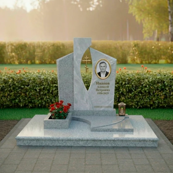 Православный гранитный памятник с крестом в Липецке, гранит Мансуровский