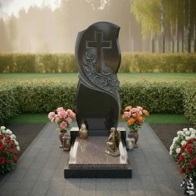 Православный гранитный памятник с крестом и мемориалом - ПН277