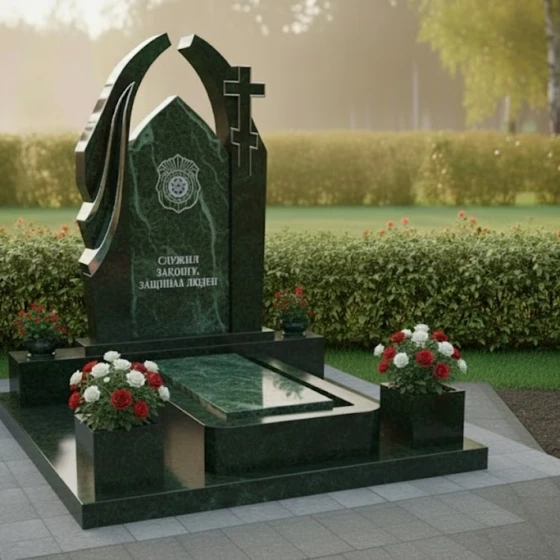 Гранитный памятник с крестом, православный в Салехарде, гранит Балтик грин