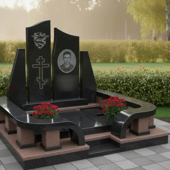 Мемориальная композиция с двойной стелой и гравировкой, гранит Габбро-диабаз