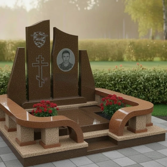 Мемориальная композиция с двойной стелой и гравировкой, гранит Дымовский