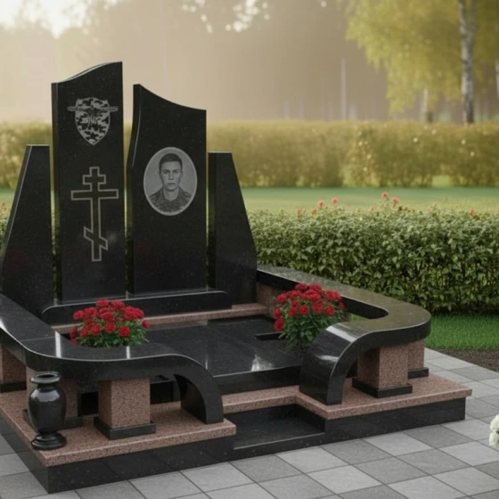 Мемориальная композиция с двойной стелой и гравировкой, гранит амфиболит