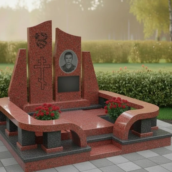 Мемориальная композиция с двойной стелой и гравировкой, гранит Лезниковский