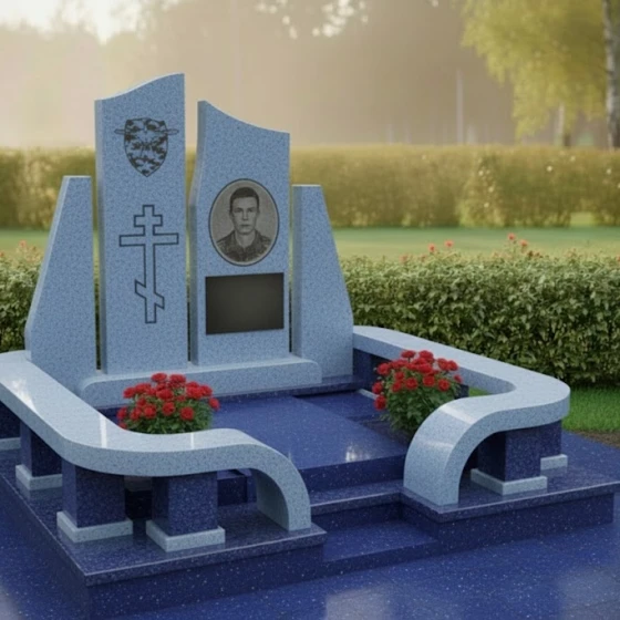 Мемориальная композиция с двойной стелой и гравировкой, гранит Блю Перл