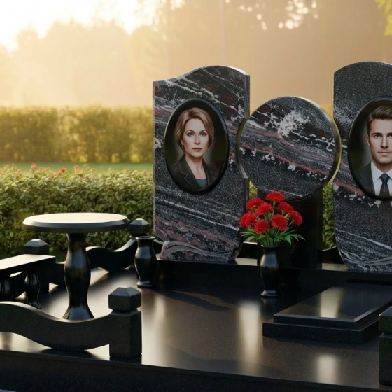 Двойной гранитный памятник с волнообразными гранями, гранит амфиболит, в Якутске