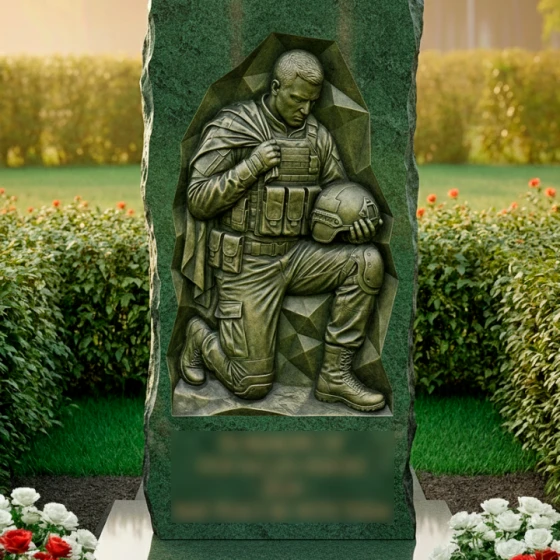 Гранитный памятник-глыба с барельефом воина, гранит Балтик грин