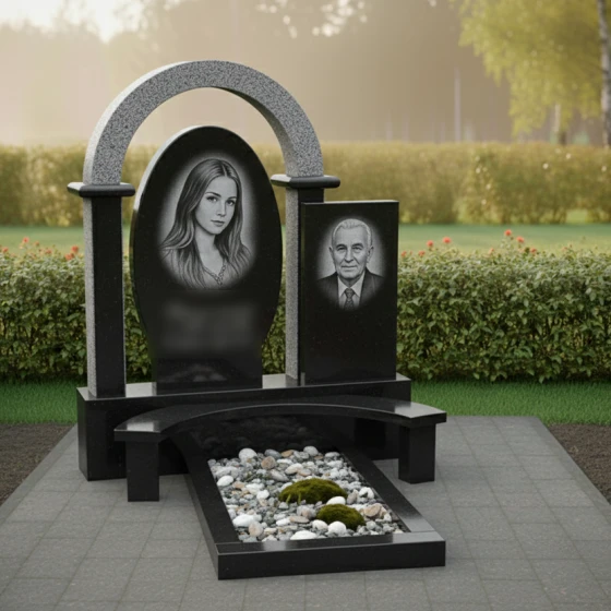 Комбинированная стела с гранитной аркой и скамьей, гранит Габбро-диабаз
