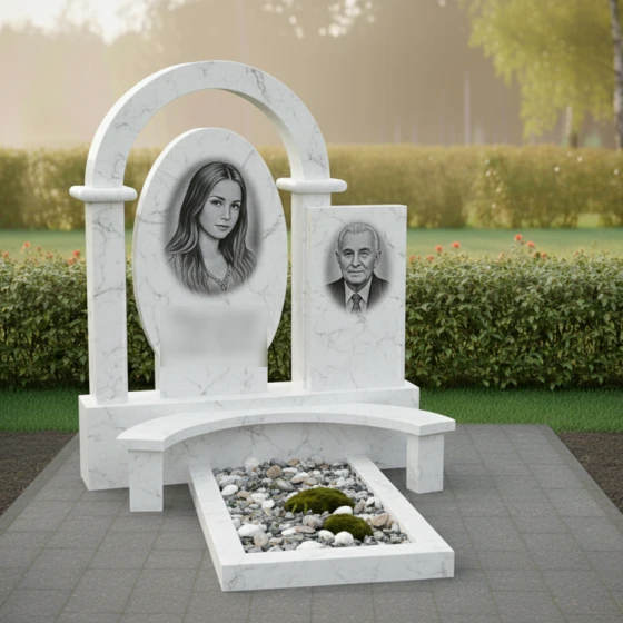 Комбинированная стела с гранитной аркой и скамьей, мрамор Тассос