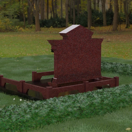 Горизонтальный гранитный памятник на троих с крестом в Омске, гранит Лезниковский, вид 3