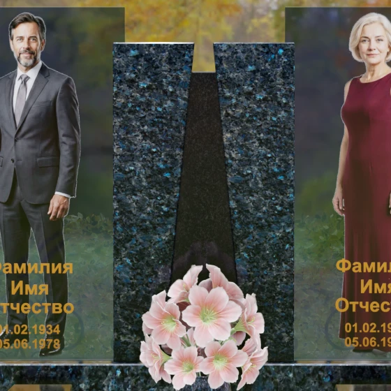 Комбинированный памятник со стеклянными панелями и гранитным пилоном, гранит Блю Перл, в Якутске