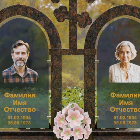 Комбинированный памятник с крестом и арками, гранит Дымовский, в Якутске