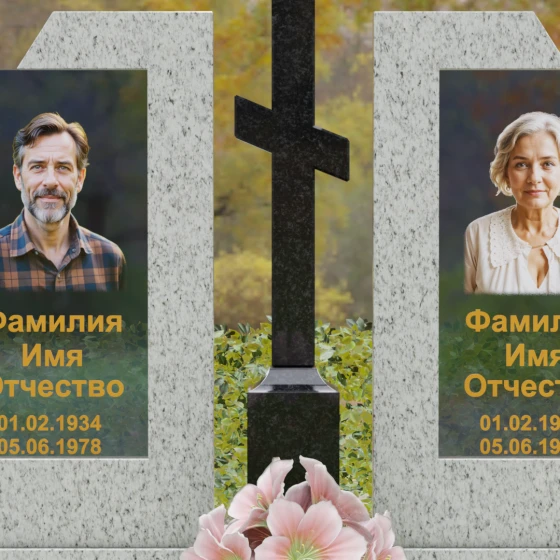 Православный памятник со стеклом для двоих в Барнауле, гранит Мансуровский