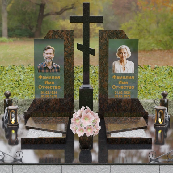 Православный памятник со стеклом для двоих в Барнауле, гранит Дымовский, вид 2