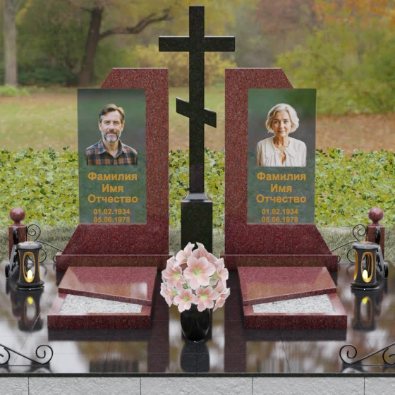 Православный памятник со стеклом для двоих в Барнауле, гранит Лезниковский, вид 2