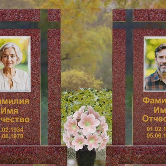 Вертикальный гранитный памятник с крестом и сферами, гранит Лезниковский, в Якутске