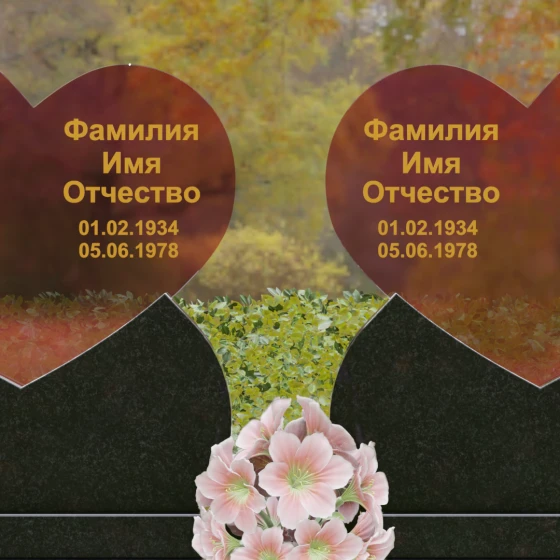 Горизонтальный памятник из гранита и стекла для двоих в Новокузнецке, гранит Габбро-диабаз