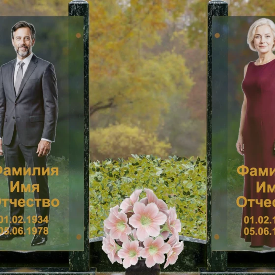 Вертикальный памятник из гранита со стеклянными панелями, гранит Балтик грин, в Санкт-Петербурге