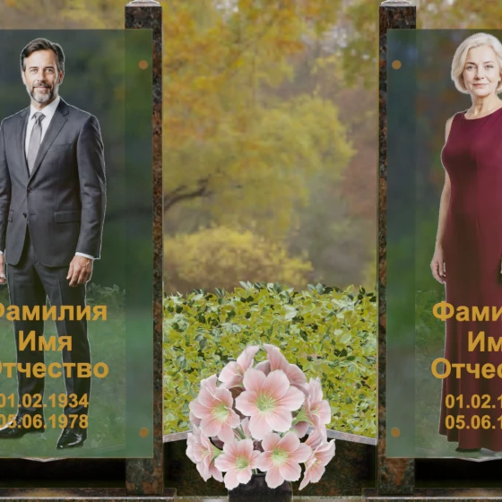 Вертикальный памятник из гранита со стеклянными панелями, гранит Дымовский, в Санкт-Петербурге