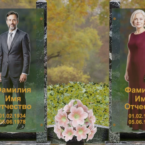Вертикальный памятник из гранита со стеклянными панелями, гранит амфиболит, в Санкт-Петербурге