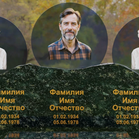 Горизонтальный гранитный памятник на троих в Воронеже, гранит Балтик грин