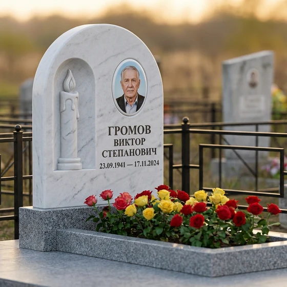 Мемориал с резной свечой и фотопортретом из белого мрамора