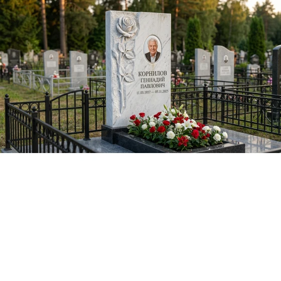 Памятник с розой из белого мрамора с художественной резьбой