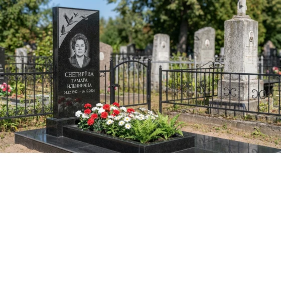 Памятник с журавлиным клином из черного габбро-диабаза с портретом