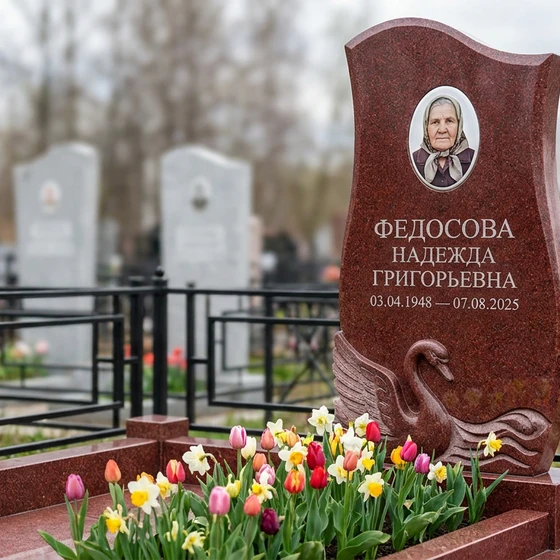 Памятник с лебедем из лезниковского гранита с волнообразной стелой