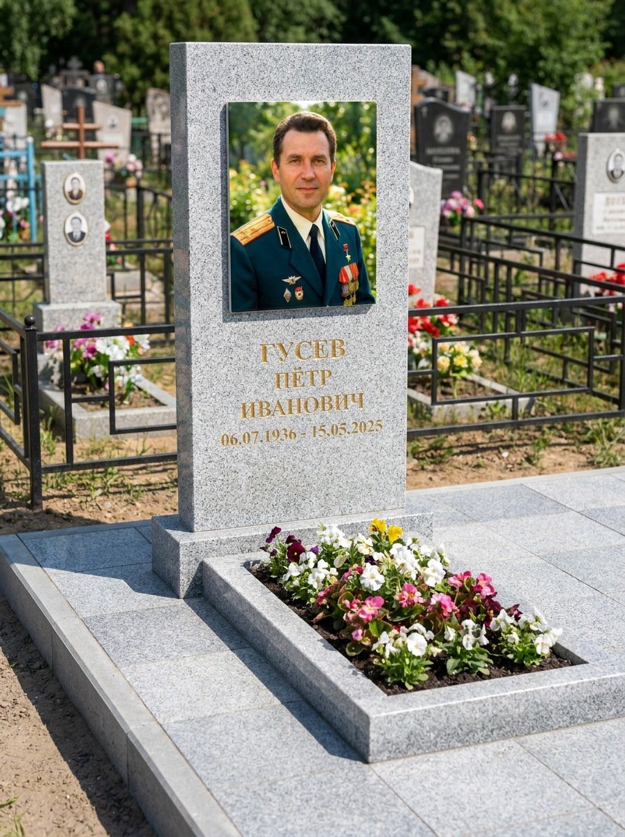 Портрет на памятнике в Новокузнецке — Прямоугольник на гранитной стеле, ФИО и даты на портрете